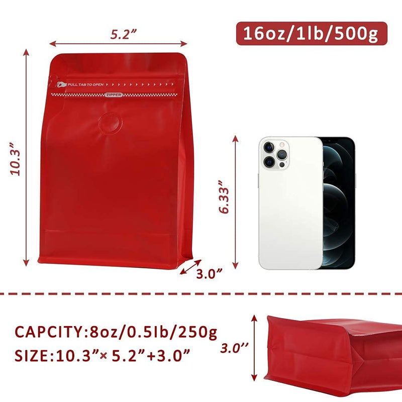 REMTAP Coffee Bags with Valveï¼ˆ50pcs,1lb,16oz) Red High Barrier Aluminumed Foil Flat Bottom Standing Coffee Beans Storage Bags,Reusable Heat Sealable Side Zipper Pouches for Home or Store - Image 2